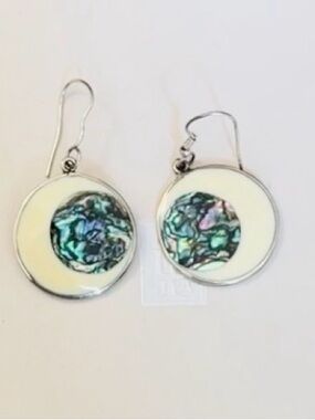 Silver-Tone Abalone Inlay Drop Earrings in Cream and Iridescent Green